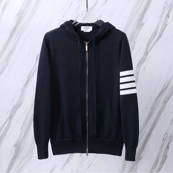 Thom Browne Dark Blue Zip-Up Sweater with White Accents